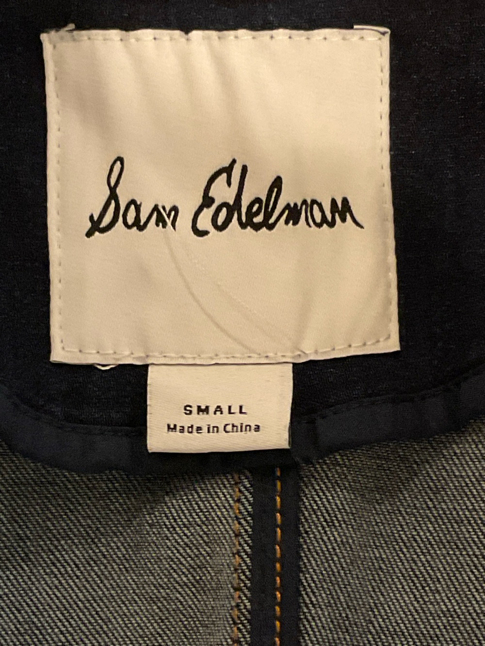 Sam Edelman Imogen Double-Breasted Dark Denim Blazer with Gold Buttons - Picture 4 of 5